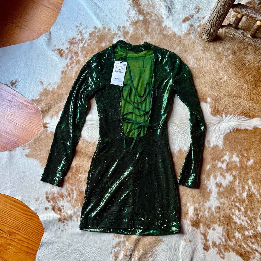 NWT ZARA SHORT SEQUIN DRESS GREEN - REF. 7901/445 S SMALL
